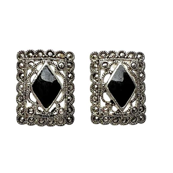 Earrings Silver Tone Filigree Faux Marcasite Black Stone Pierced Art Deco Style - Picture 6 of 8